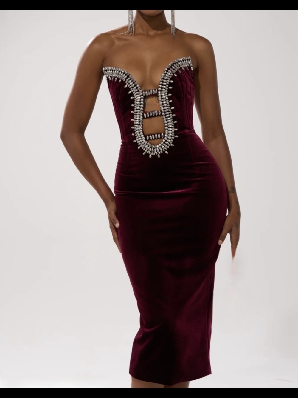AKIRA Strapless Burgundy Velvet Midi Dress with Crystal Embellishment